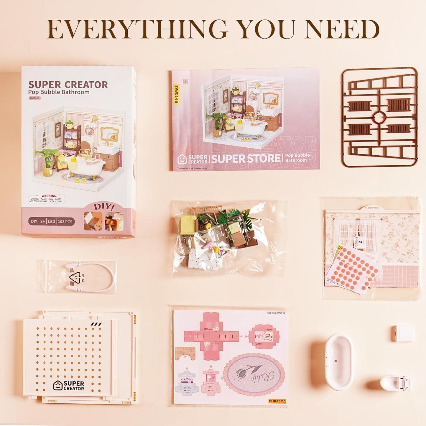DIY Miniature Dollhouse Kit – Pop-Bubble Bathroom by ROBOTIME