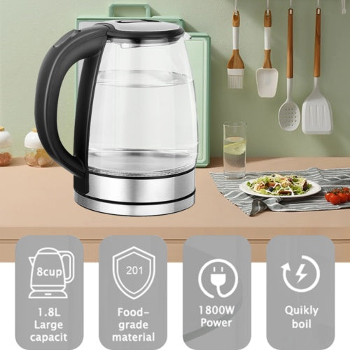1.8L Glass Electric Kettle with Blue LED & Auto Shut-Off