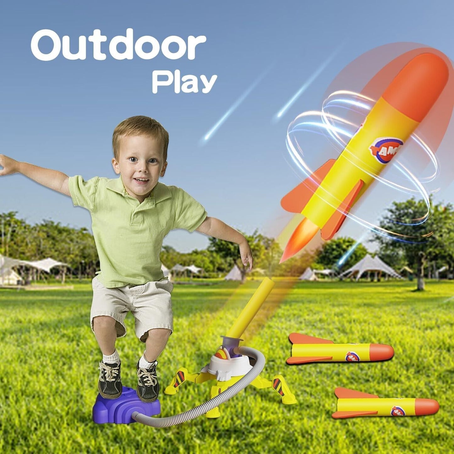 Fun Stomp 'n' Fire Triple Air Rocket Launcher For Kids - Flying Rockets Toy Set