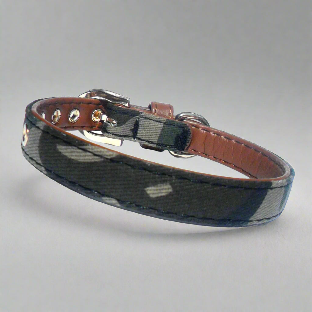 Army Fabric & Brown Vegan Leather Collar