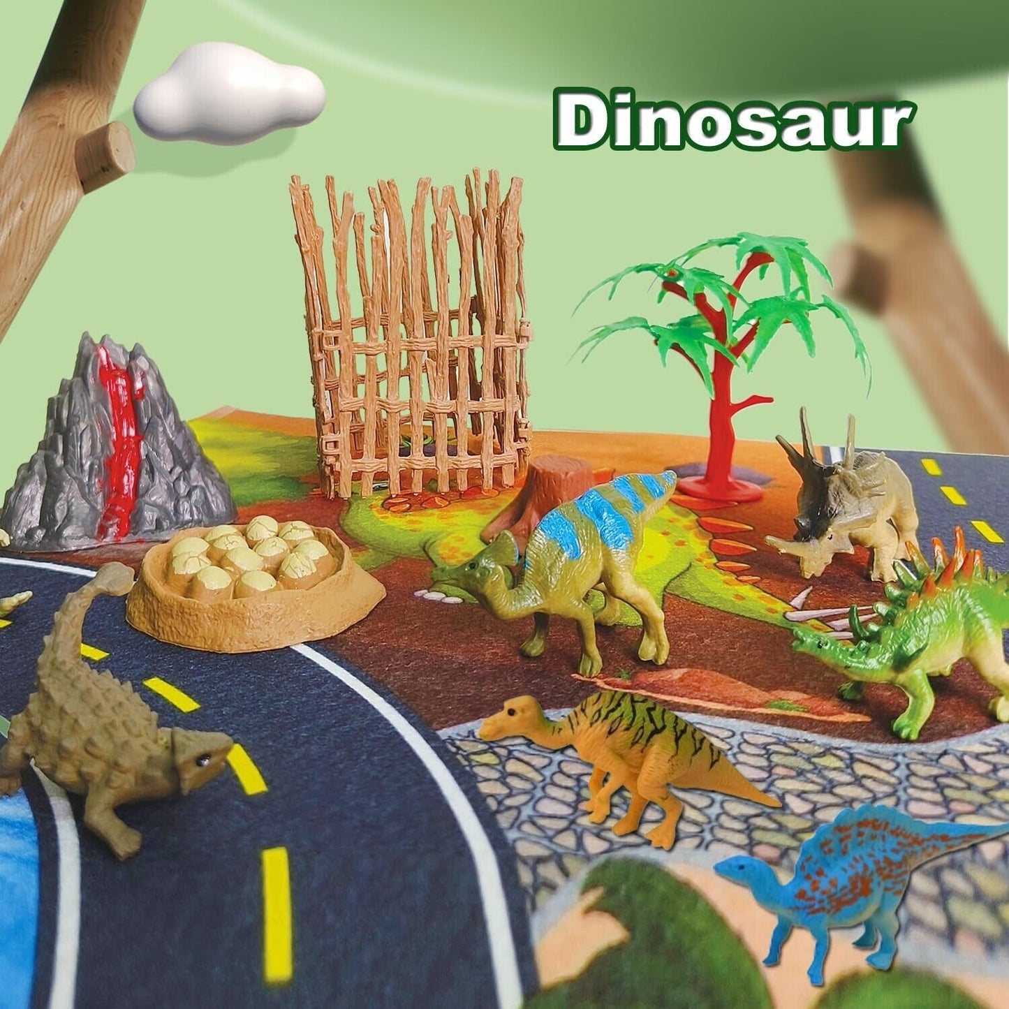 Dinosaur Jurassic  Set With Activity Play Mat & Volcano Trees For Kids Toy