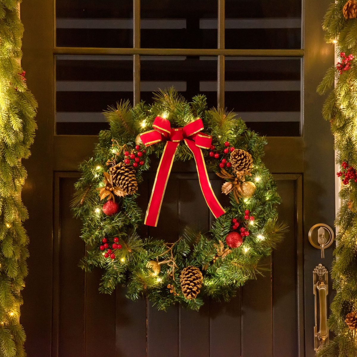 60cm Pre-Lit Christmas Door Wreath with Holly, Pine Cones & LEDs