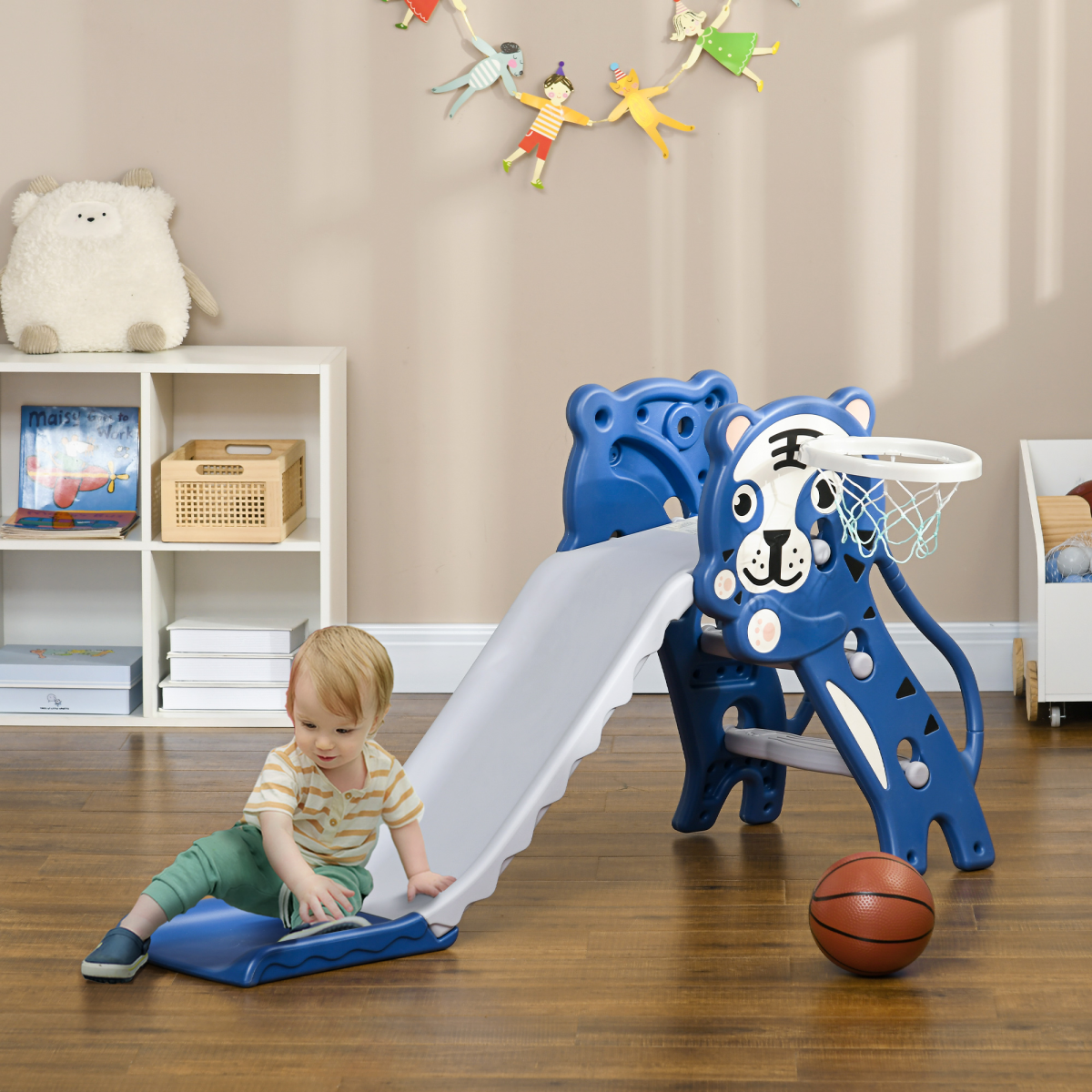AIYAPLAY Kids Slide with Basketball Hoop - Blue Tiger Theme, 18-36 months