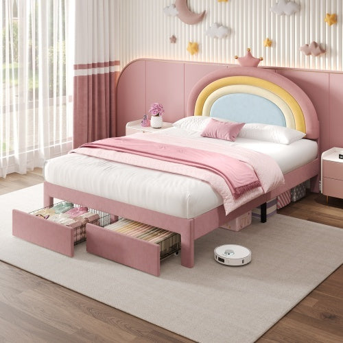 4ft6 Double Upholstered Bed with Adjustable Rainbow Headboard & Storage Drawer – Soft Velvet Bed Frame with Crown
