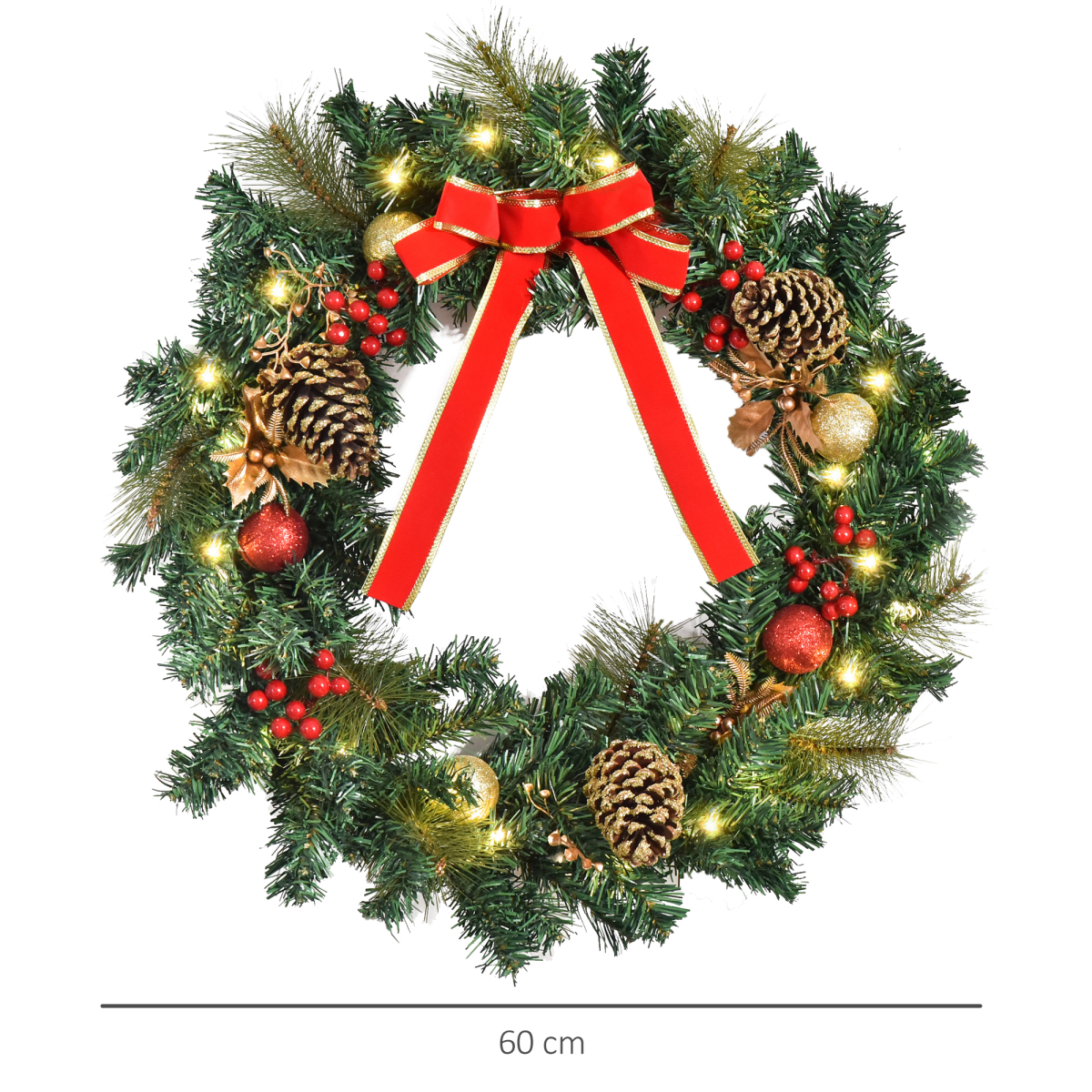 60cm Pre-Lit Christmas Door Wreath with Holly, Pine Cones & LEDs