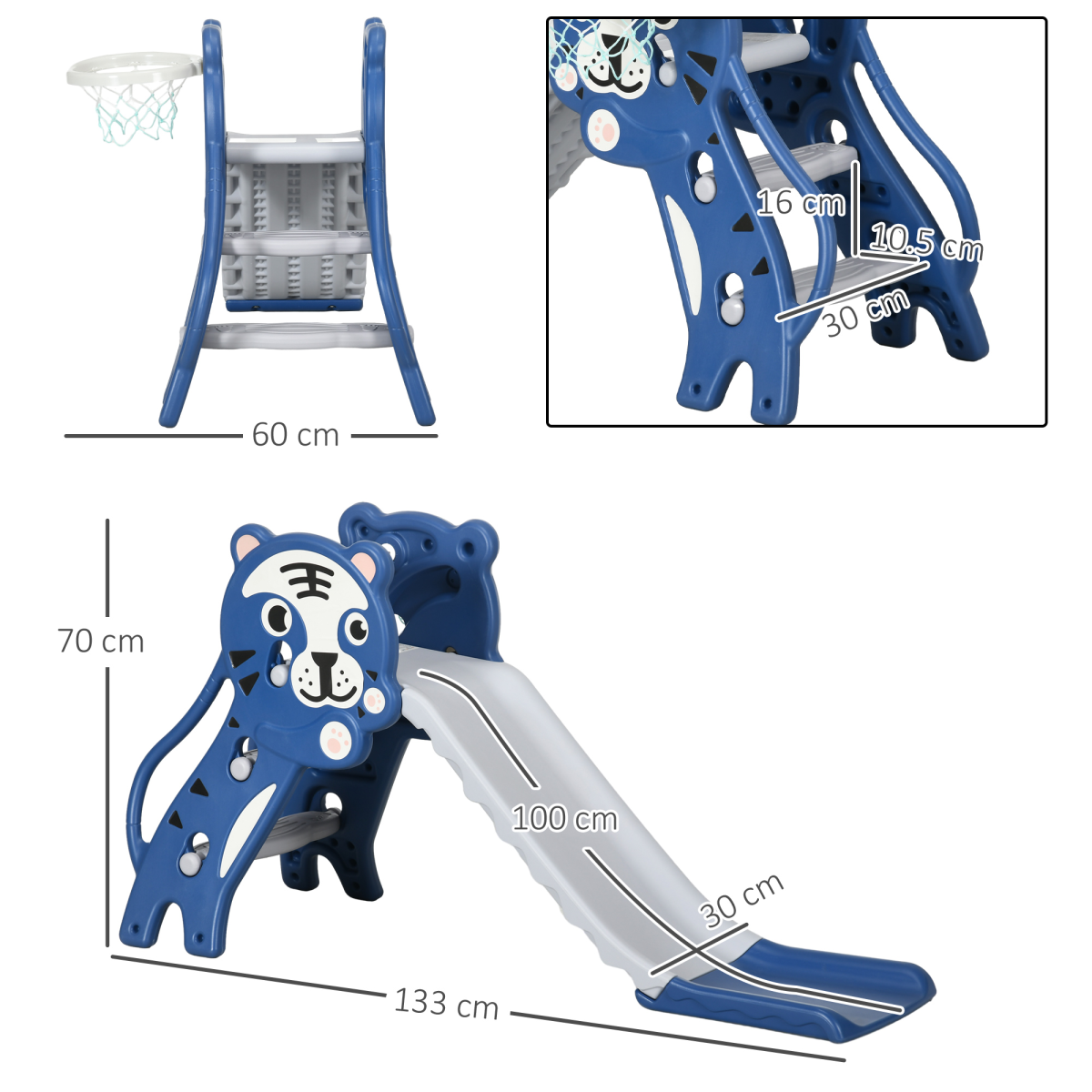 AIYAPLAY Kids Slide with Basketball Hoop - Blue Tiger Theme, 18-36 months