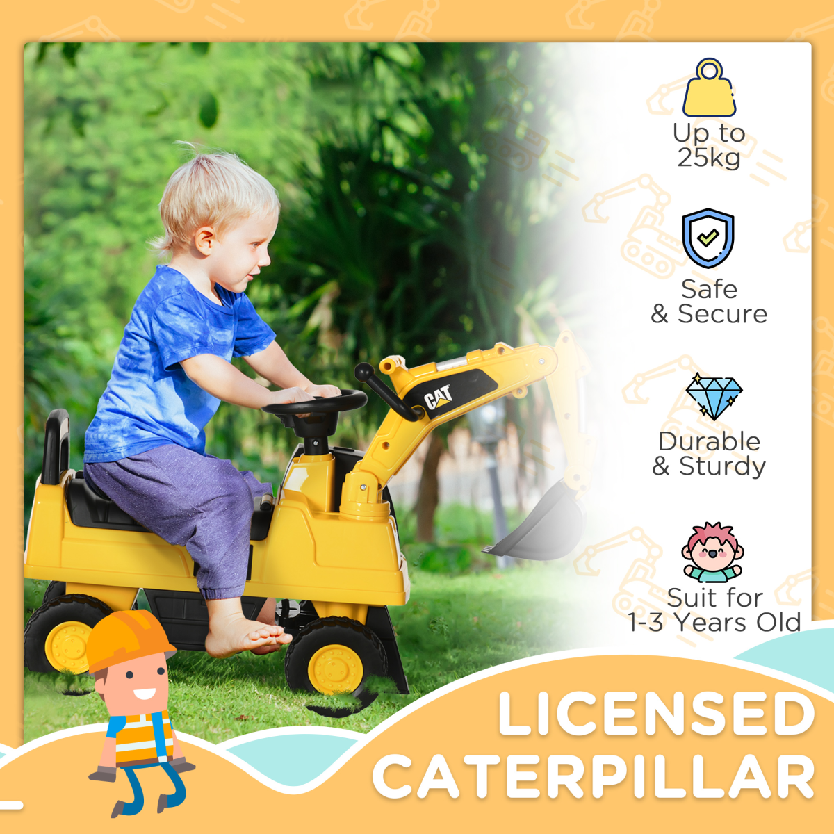 HOMCOM CAT Licensed Ride-On Digger for Toddlers 1-3 with Shovel