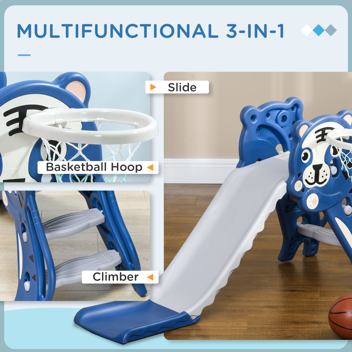 AIYAPLAY Kids Slide with Basketball Hoop - Blue Tiger Theme, 18-36 months