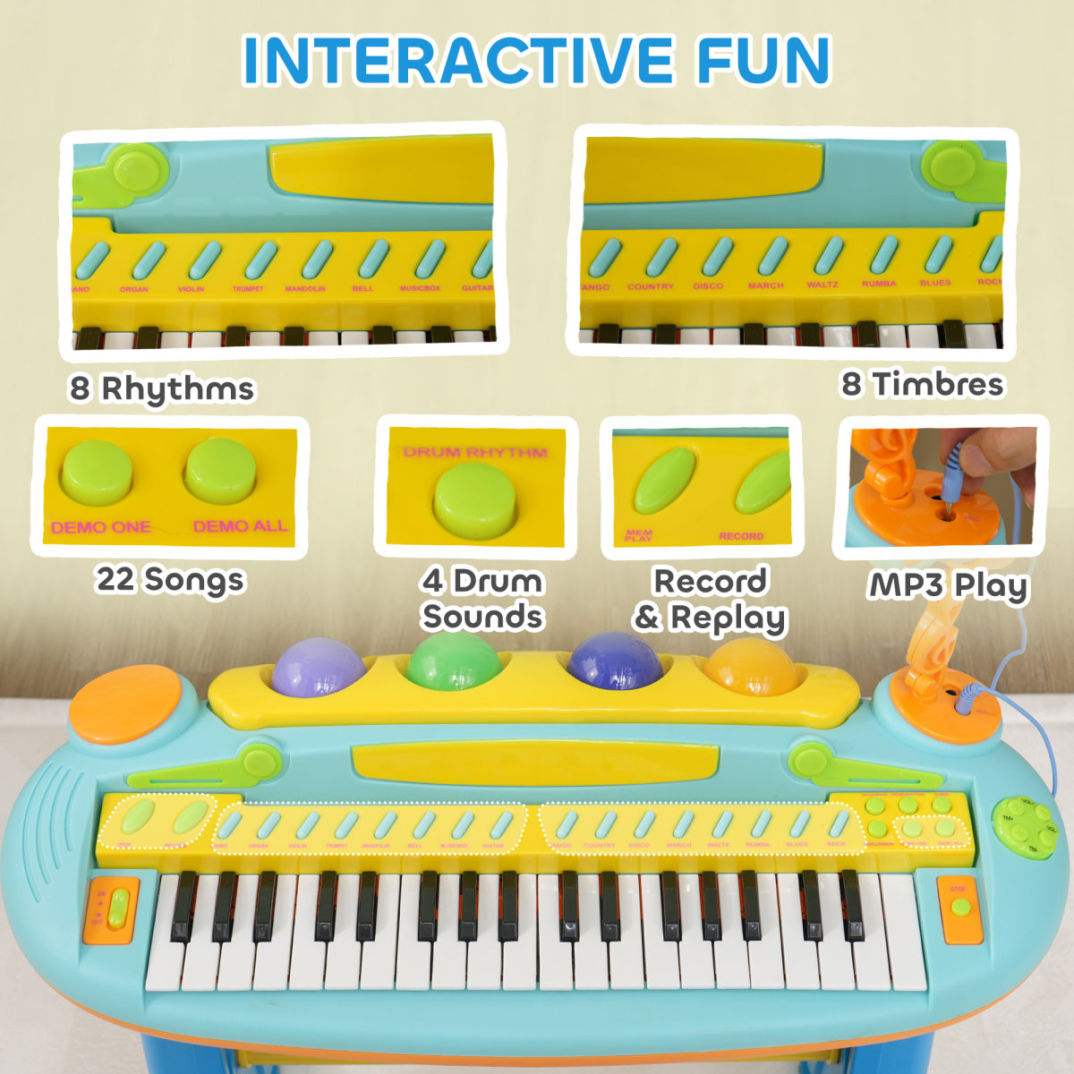 Kids Piano with Microphone, Record/Replay, LED Lights
