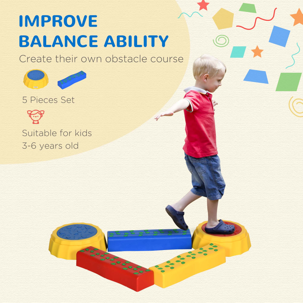 Outsunny 5-Piece Kids Stepping Stones Balance Beam Set, Non-Slip & Stackable