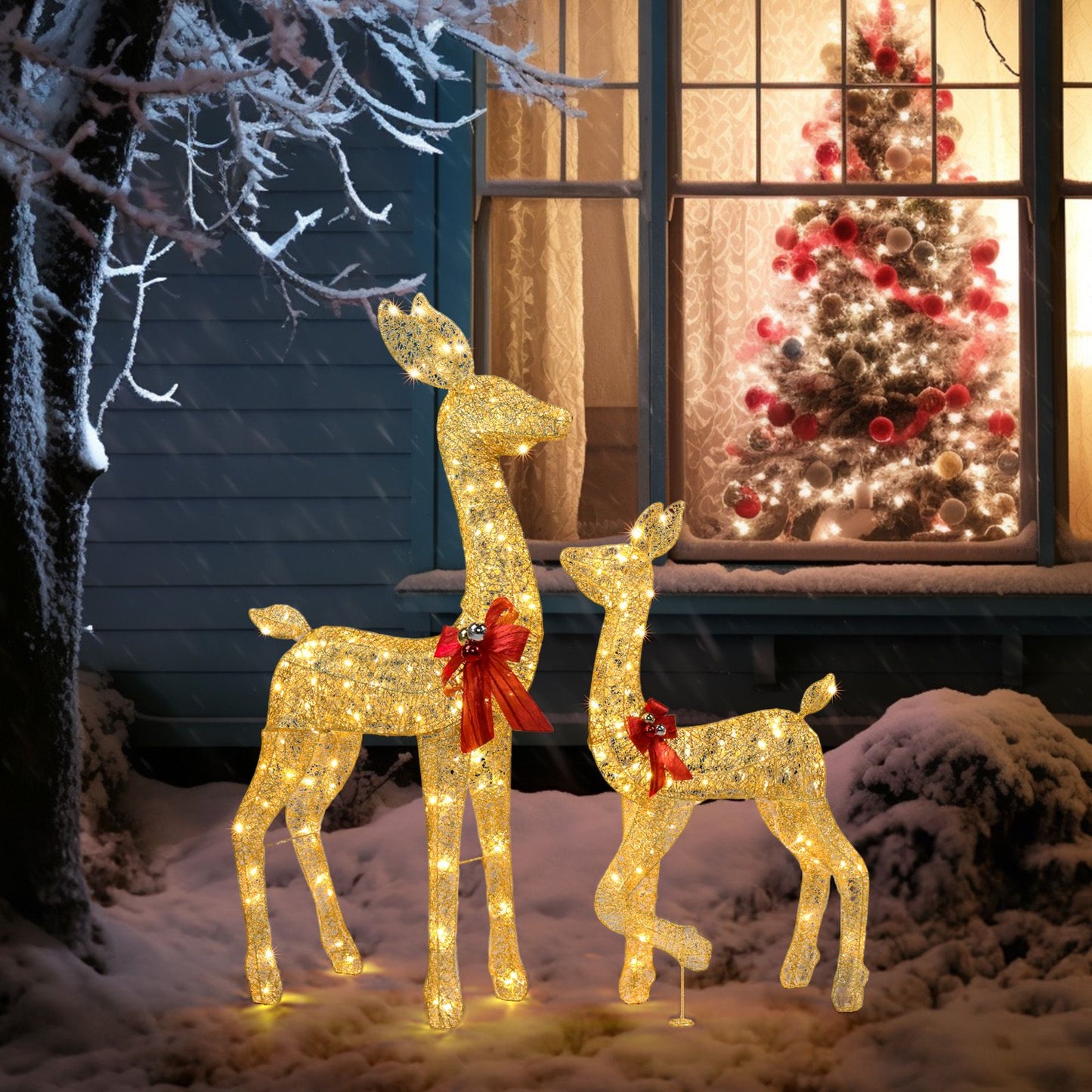 2-Piece Lighted Christmas Deer Family - Outdoor Yard Decor, 210 LEDs, Warm White