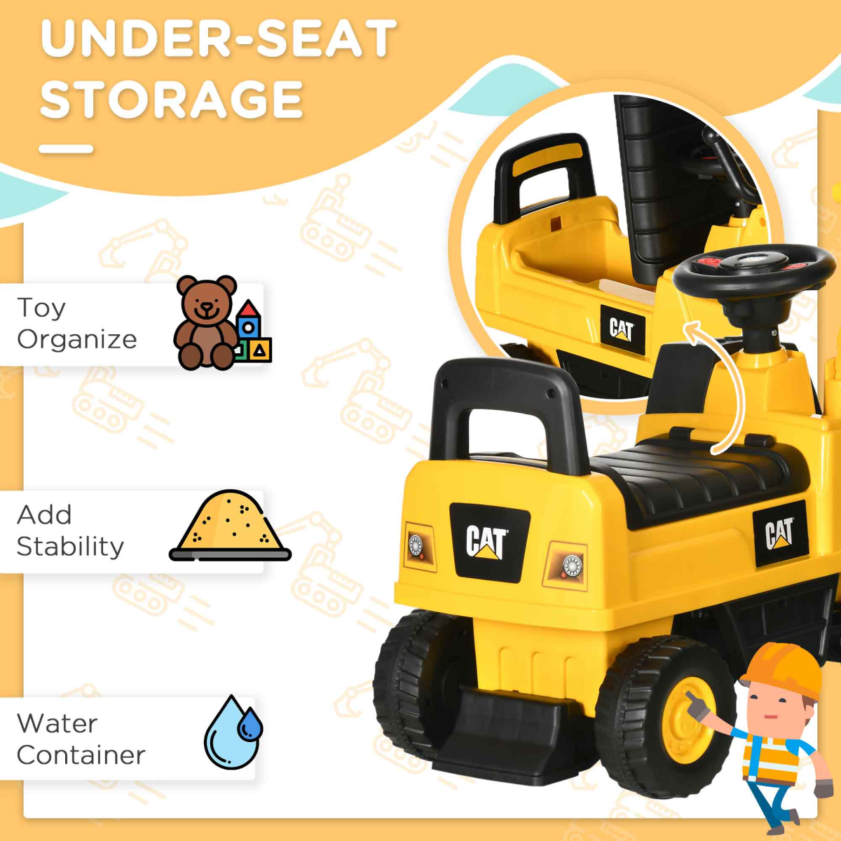 HOMCOM CAT Licensed Ride-On Digger for Toddlers 1-3 with Shovel