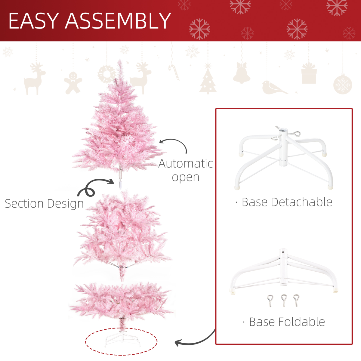 6FT Pink Artificial Christmas Tree - Auto Open, 892 Branches, Easy Setup