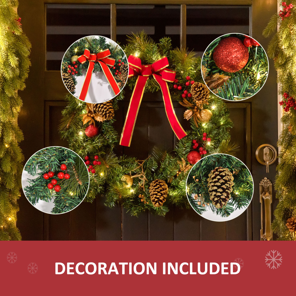 60cm Pre-Lit Christmas Door Wreath with Holly, Pine Cones & LEDs