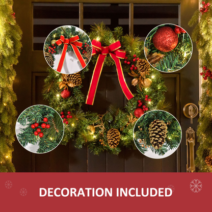 60cm Pre-Lit Christmas Door Wreath with Holly, Pine Cones & LEDs