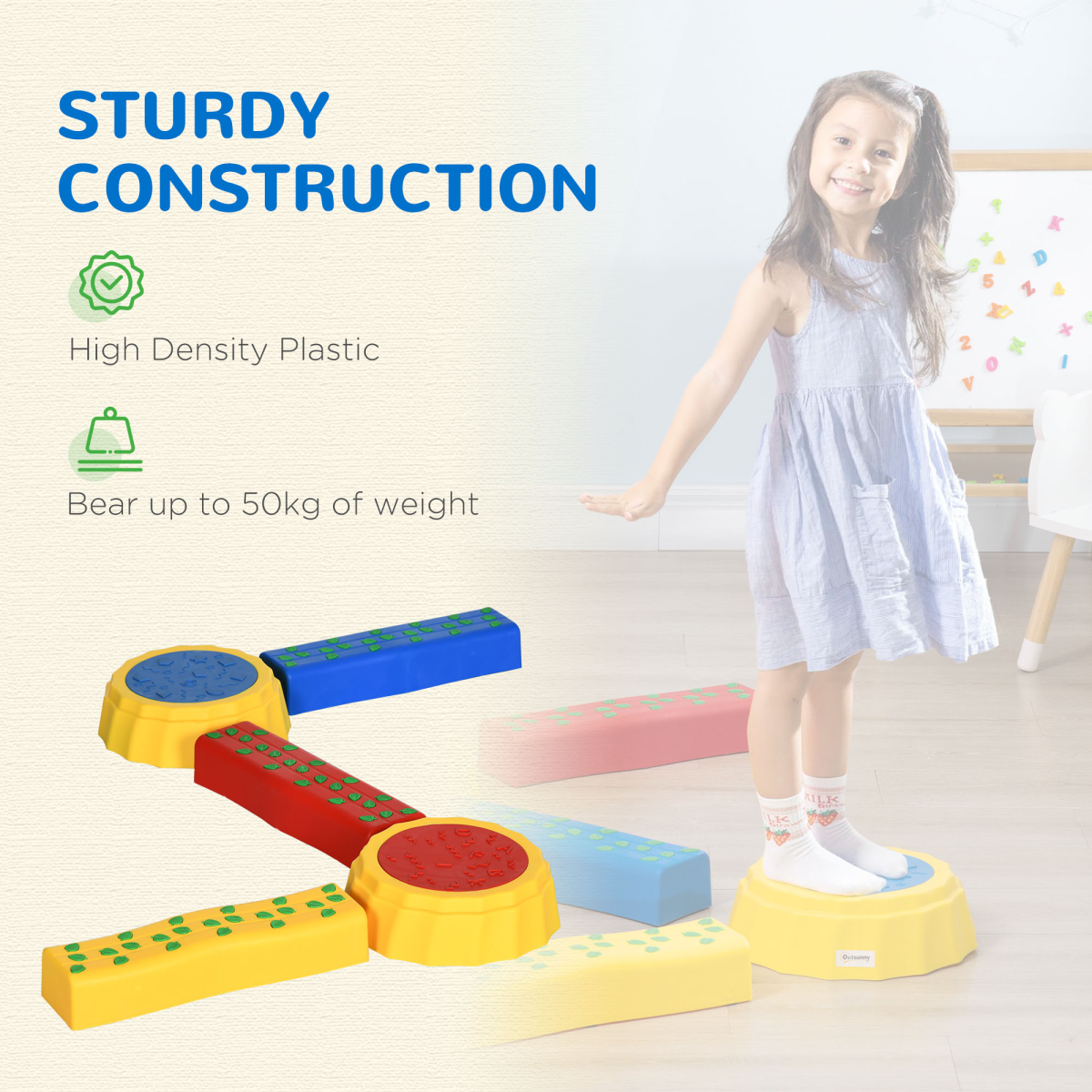 Outsunny 5-Piece Kids Stepping Stones Balance Beam Set, Non-Slip & Stackable