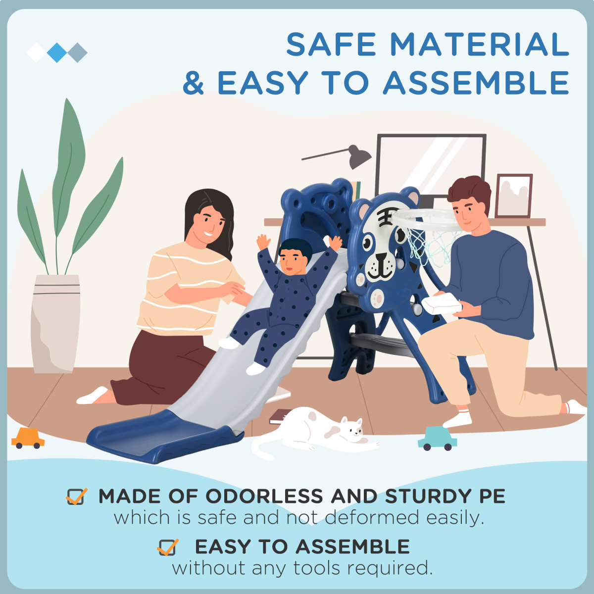 AIYAPLAY Kids Slide with Basketball Hoop - Blue Tiger Theme, 18-36 months