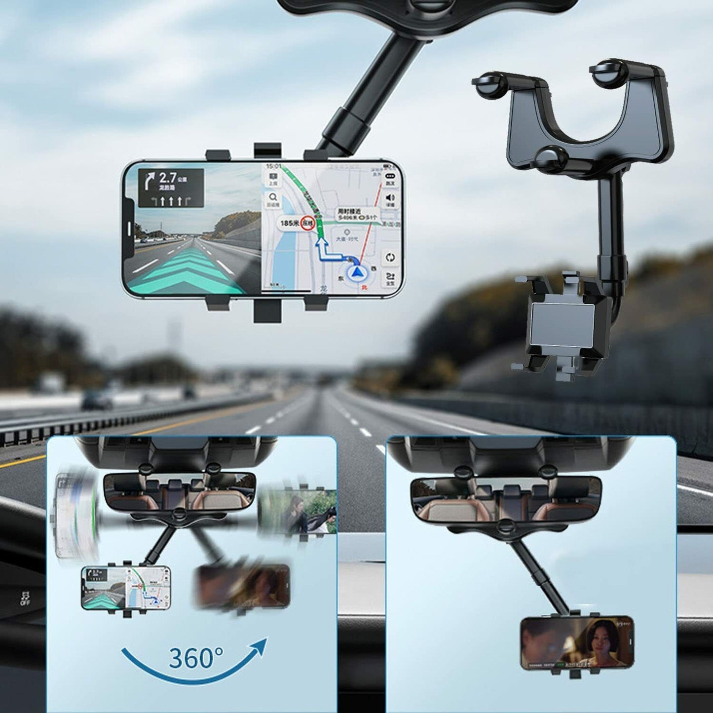 Rotatable & Retractable Car Phone Holder – Rearview Mirror Mount | UK Stock