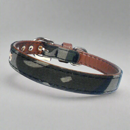 Army Fabric & Brown Vegan Leather Collar