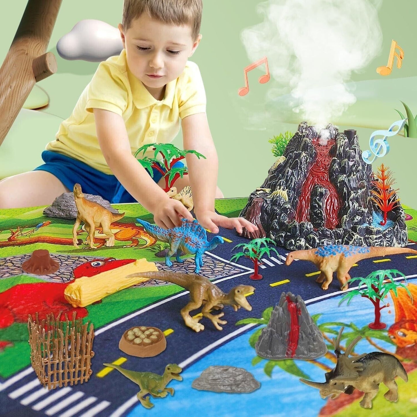 Dinosaur Jurassic  Set With Activity Play Mat & Volcano Trees For Kids Toy