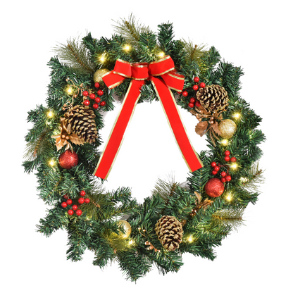 60cm Pre-Lit Christmas Door Wreath with Holly, Pine Cones & LEDs
